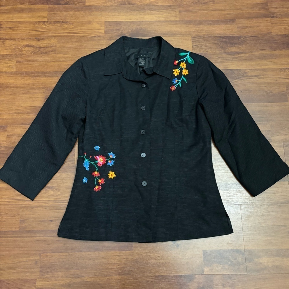Silkland Black 100% Silk Topper Jacket Embroidered Floral Lined Blouse SZ Small